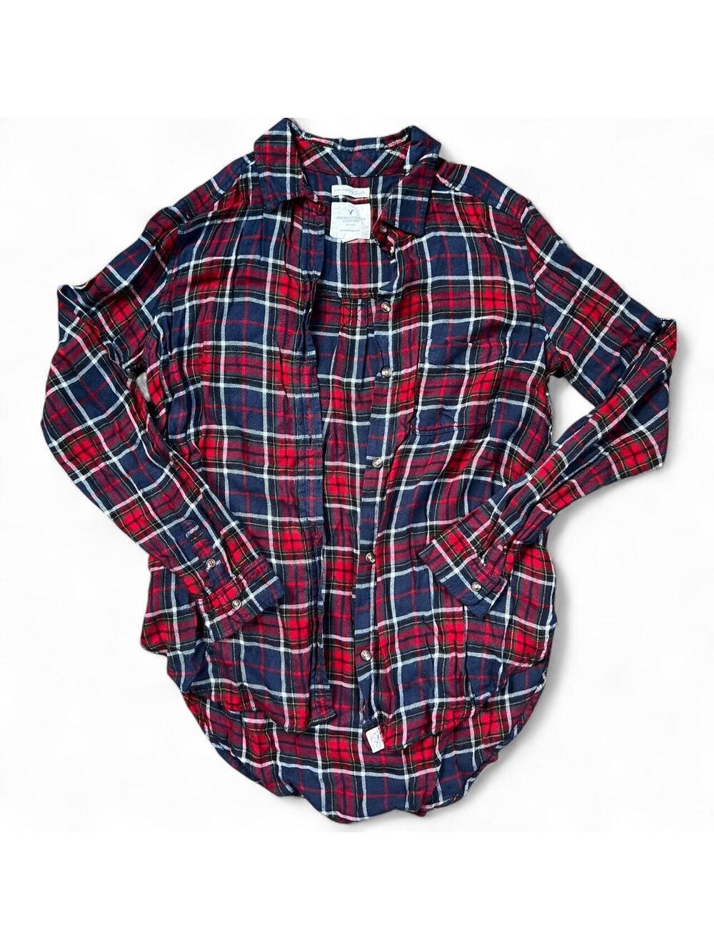American Eagle Outfitters red, white, and navy blue plaid flannel shirt
